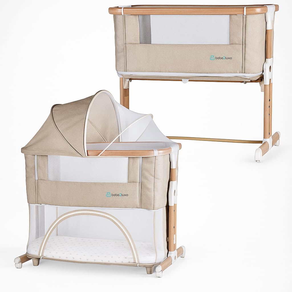 BEBE2LUXE Berceau évolutif 3 en 1 Leo – Cododo réglable Hauteur, Lit bébé sécurisé, Beige