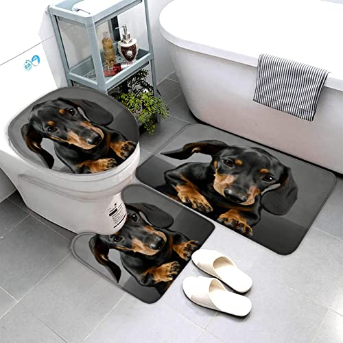 AOLIGL Badematte Daxhund Hund Badematten Set rutschfest Waschbar Badgarnitur 3teilig - WC Deckelbezug U-förmigen Contour Badezimmerteppich Matte Flauschige Mikrofaser
