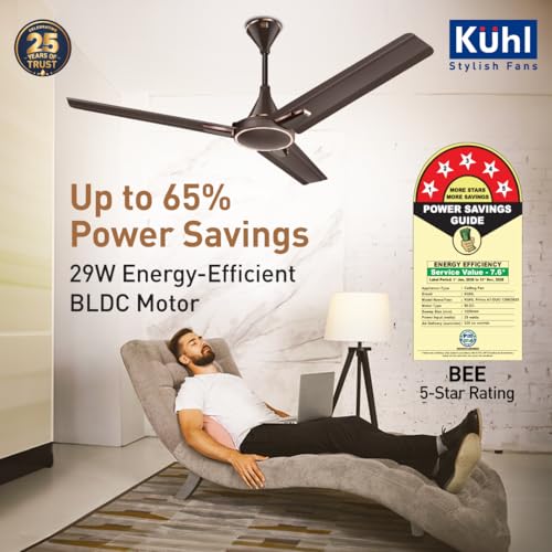 Image of KUHL Prima A1-DUO 1200mm BEE 5-Star BLDC Ceiling Fan | 29W Energy Saving (Up to 65%) | High Airflow & Low Noise | Remote as well as Regulator Operated | 5 Year Motor Warranty | ISI Marked (Espresso)