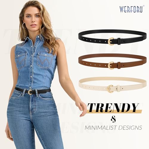 WERFORU 3 Pack Women Skinny Belt Thin Waist Belt for Women Leather Belt with Gold Buckle for Jeans Pants Dress 0.74" Width2
