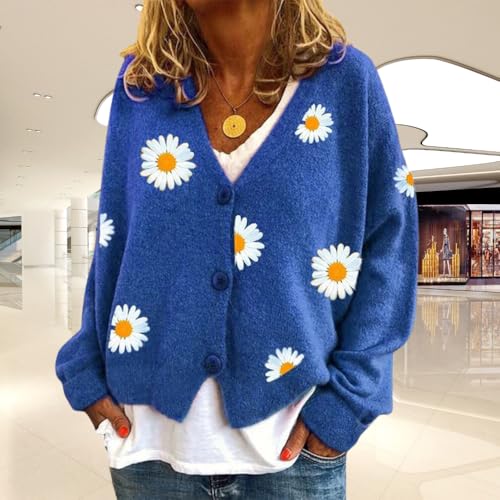 Womens Long Sleeve Floral Daisy Flower Cardigan Sweaters Oversized Aesthetic Button Down Open Front Knit Sweater2