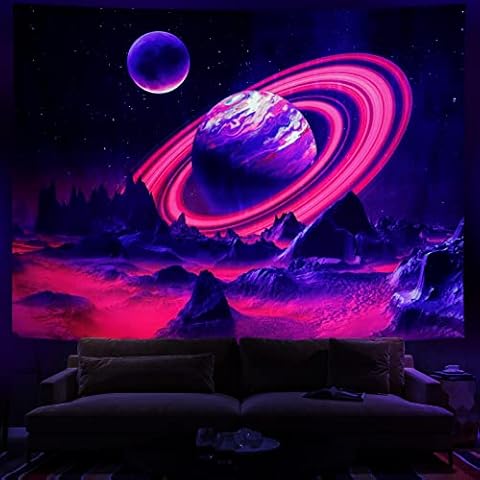 Leofanger Blacklight Trippy Planet Tapestry UV Reactive Mountain Wall Tapestry Galaxy Space Tapestry Starry Night Sky Tapestry Wall Hanging for Home Decor(59.1"x78.7") Cover