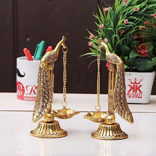 Image of Peacock Design Metal Hanging with Chain Diya Pair of Peacock Design Bird Diya Deepak Oil Lamp