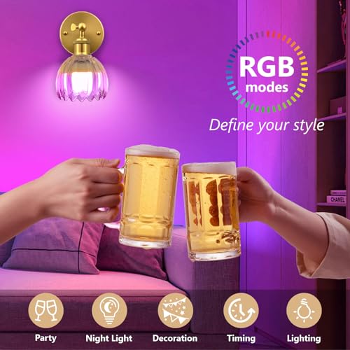 Image of Vintage Battery Operated Wall Sconce, Amber Tulip Glass Lampshade Wireless Rechargeable Battery Powered LED Wall Light with Remote Dimmable for Bedside Bedroom Doorway Living Room, Set of 2