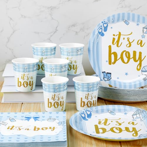 Hushee HUSHEE-PLATES-DUN2316 200 Pcs Blue Baby Shower Paper Plates Napkins Cups Boy Baby Shower Party Supplies Tableware Set Blue Disposable Cup Napkin thumb #3