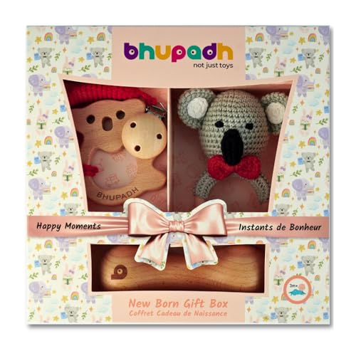 Image of Newborn Gift Box Koala Collection (0-12 Months) | 3-in-1 Set with Crochet Rattle, Wooden Dumbbell Rattle & Koala Teether | Montessori Baby Toy| BPA Free | Non-Toxic Cotton & Beechwood | Gift Box