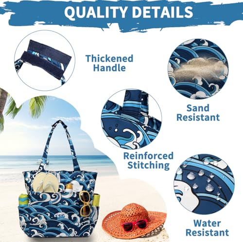 Image of Kasqo Beach Tote Bag for Women, 22L Waterproof Sandproof Medium Packable Travel Bag with Zipper for Pool Gym Shopping