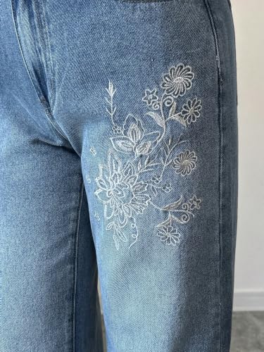 Image of GRECIILOOKS Embroidery Jeans for Women| Women's Summer Wide Leg Denim Jeans | High Waist Straight Fit Casual Pants for Office, Vacation & Everyday Wear