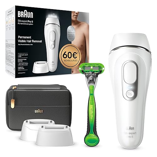 Braun Silk·expert Pro 5 PL5145 - épilateur à lumière pulsée, épilation semi-définitive à la maison, Blanc/Argent, Avec Pochette, Tête Large Et Rasoir Gillette Body