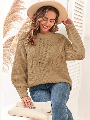 Image of ZAFUL Womens Sweater Cable Knit Oversized Sweaters Crewneck Long Sleeves Casual Knit Pullover Tops