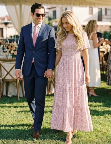 Image of ZESICA Women's 2026 Summer Boho Floral Maxi Dresses Casual Short Flutter Sleeve Smocked Tiered Flowy Dress