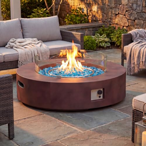 COSIEST Outdoor Fire Pit Coffee Table w Dark Bronze 40.5-inch Round Base Patio Heater, Certified, 50,000 BTU Stainless Steel Burner, Wind Guard, Aqua Blue Fire Glass, Waterproof Cover