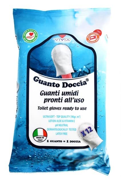 Guanto Doccia® - Lot de 6 paquets de gants de douche (72 au total), humides et savonneux pour l’hygiène du corps, prêts à l’emploi, sans rinçage, fabriqué en Italie