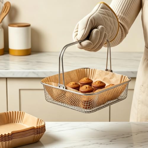 Cabilock 1 Set Cesta Cuadrada de Acero Inoxidable para Freidora, Cesta de Malla de 8 Pulgadas con Mango + Papel Parche Desechable Antiadherente, Accesorio de Repuesto para Cocina Casera | Cesta cuadrada de 8 pulgadas, malla de acero inoxidable, mango desm miniatura 7