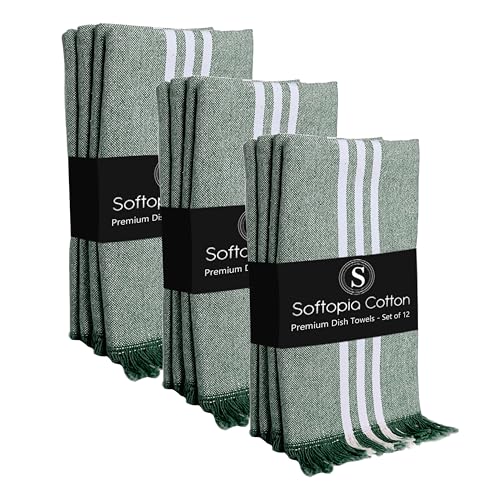 Image of Stripe Kitchen Towels 12 Pack, 16x26 Inches, Cotton Dish Cloths, Absorbent Drying Rags, Reusable and Washable Tea Towels, Cleaning Cloths for Daily Kitchen Use - Forest Green
