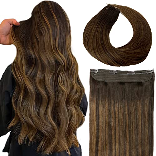 DIYOMO Halo Hair Extensions Real Human Hair - Halo Hair Extensions, Halo Extensions Human Hair,Balayage Dark Brown With Chestnut Brown Real Remy,Halo Hair Extensions Human Hair 16inch 100g