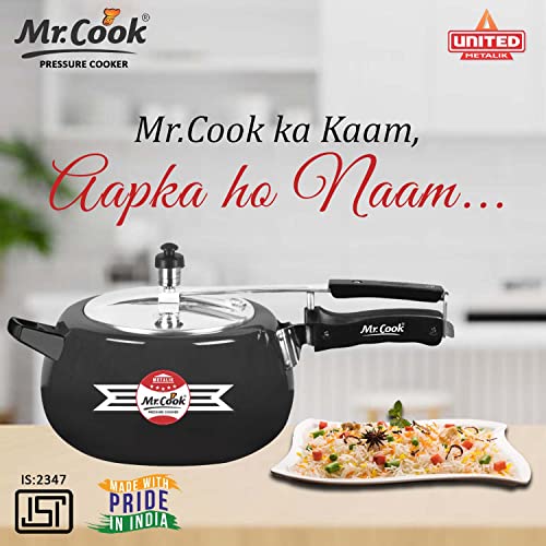 Image of MR COOK By United Metalik Elite Plus Aluminium Induction Base Hard Anodised Pressure Cooker with Stainless steel Inner Lid, Lead Free Safety Valve, Easy Grip Handle, Gas stove Compatible, 60 months warranty (Black) (5 Litre)