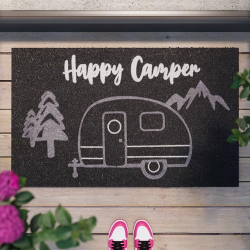 Happy Camper – Felpudo de coco elegante de WECONhome para interiores y espacios intermedios (40 x 60 cm, antracita)
