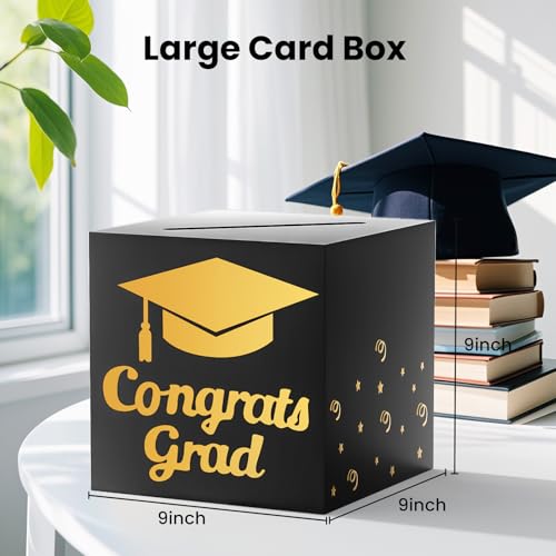 Image of OLANRUN 9 inch Graduation Card Box, Graduation Decorations 2026 - Congrats Grad Foldable Cardstock Money Box for Class of 2026 Grad Party Decor (Black)