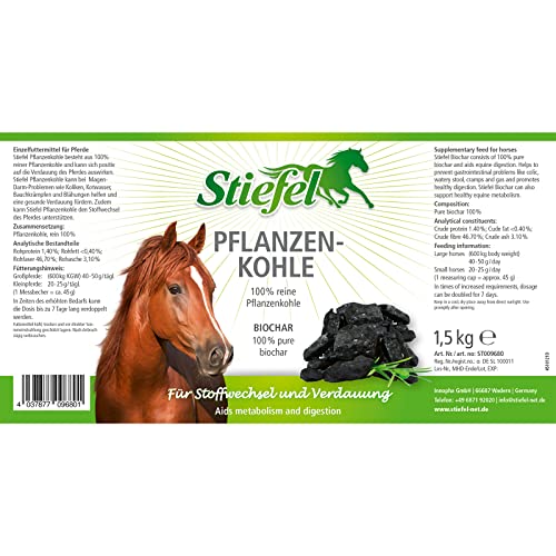 Stiefel Pflanzenkohle für Pferde, 100% Reine Pflanzenkohle zur Unterstützung des Magen-Darm-Trakts, für den Stoffwechsel, 1,5kg