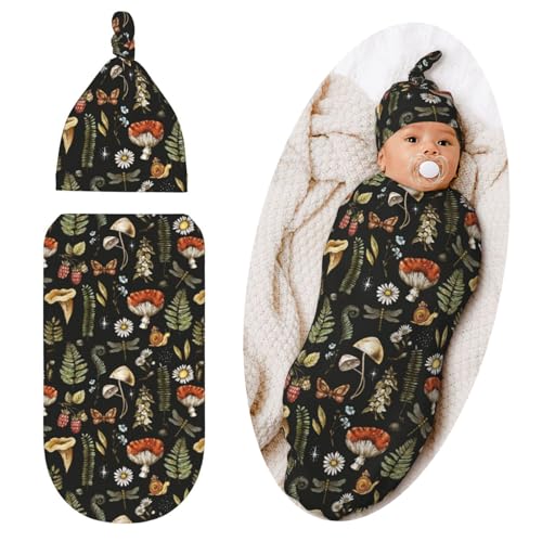 Image of Qwalnely Mushroom Swaddle Blanket with Hat for Baby, Swaddling Sleeping Sacks Unisex Baby Items Stuff, Mushroom
