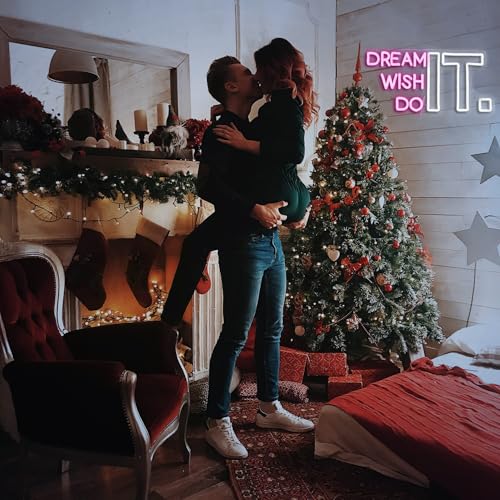 Image of Dream It Wish It Do It Neon Sign Dimmable Letters Neon Light Signs for Wall Decor USB Power Pink White Neon Light for Bedroom Led Neon Sign for Studio Office Bar Gifts