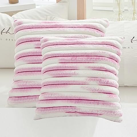 Gift, Faux Fur Plush Striped Throw Pillow Covers 18x18 Inch Set of 2, Soft Luxury Cozy Fluffy Decorative Pillow Covers for Living Room, Bed, Sofa, Couch- Blush Pink Gradient Cover