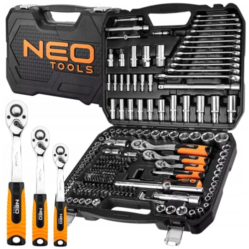 NEO TOOLS Zestaw Kluczy 216 Elementów 1/2", 3/8", 1/4" w Wytrzymałej Walizce | Klucze Nasadowe, Wkrętaki, Imbus, Grzechotki | Kompletny Zestaw do Warsztatu, Garażu, dla Majsterkowicza