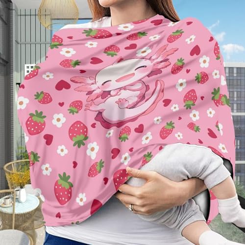 Image of Axolotl Car Seat Covers Canopy Cover - Multi-use Cover Pink Strawberry Carseat Canopy, Breathable Breastfeeding Cover, Reusable Car Seat Covers for Bbies