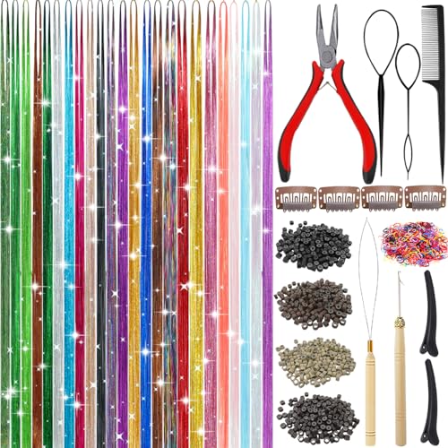 Aouuhe Hair Tinsel 24 Colors 7800 Strands Hair Tinsel Kit with Tools 48 Inch Glitter Tinsel Hair Extensions Festive Party Fairy Hair Tinsel Kit for Women Girls Hair Accessories