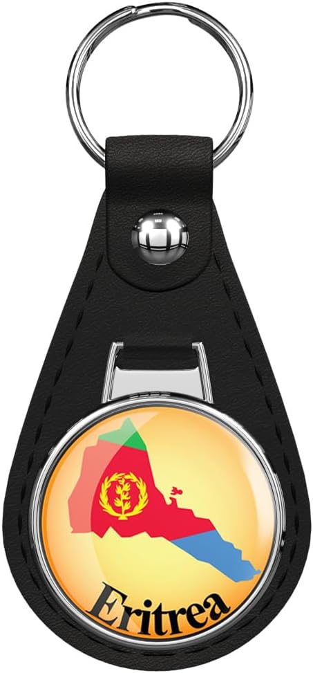 Eritrea Map Flag Label Black Leather Key Chain Keychain Silver Ring