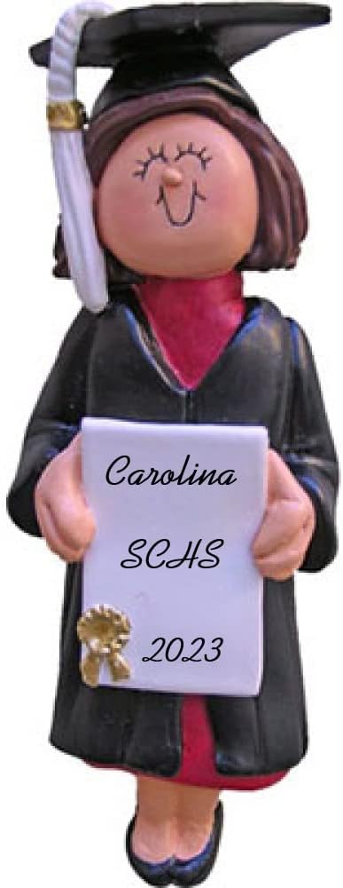 Graduate Class of 2024 Female Brown Hair Personalized Christmas Ornament - Handpainted Resin - 4.5" Tall - Free Customization by Calliope Designs