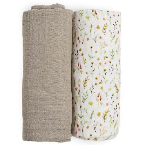 Image of Little Unicorn 100% Natural Organic Cotton Muslin Swaddle Blanket 2 Pack | Giftable Set of 2 swaddles (Floral Field)