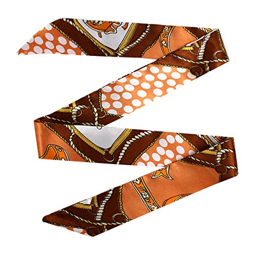 Editha Floral Print Silk-like Neckerchief Narrow Scarf Handbag Handle Wrap Ribbon Hairband (Brown02)