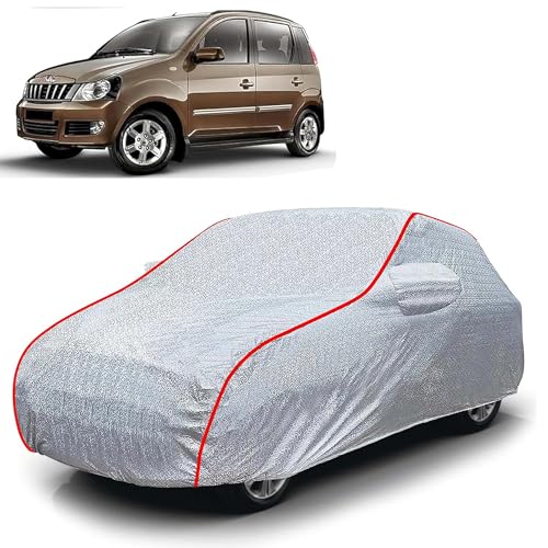 Image of Sulfar 100% Waterproof Car Body Cover Compatible with Mirror for Mahindra Quanto (Triple Stitched, Full Bottom Elastic, Magic Silver with Red Piping)