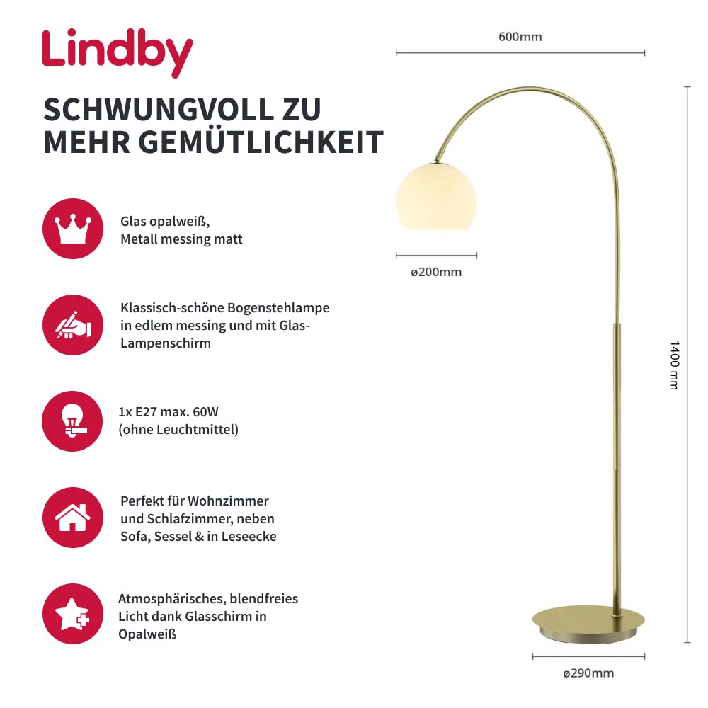 Lindby Stehlampe Metall messing, Bogenlampe mit Fußschalter 1x E27 ohne Leuchtmittel Leselampe Standlampe Wohnzimmer Stehleuchte Wohnzimmerlampe