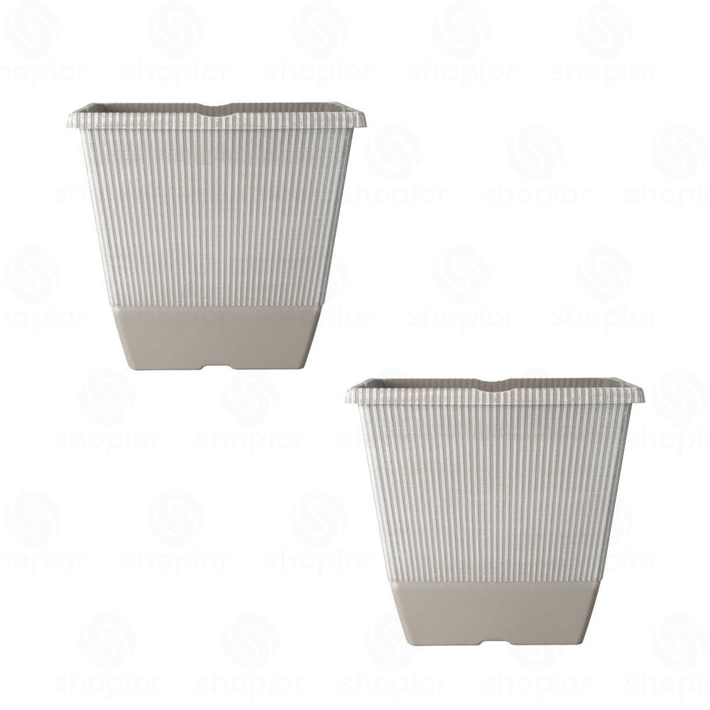 Jake Faux Ribbed Planter Variety – Modern Stone Effect Plant Pots, Decorative Outdoor Indoor Flower Planters, Round, Tall, Square & Urn Garden Containers (22cm-Square-Powdered Beige Grey-Pack 2)