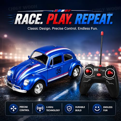 Image of Remote Control Racing Car for Kids | Rechargeable with 2.4GHz Wireless Controller | LED Headlights, Smooth Forward & Turn Action | Durable Build & Stylish Classic Car Design (Multi-Color)