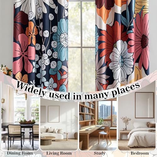 Image of MYSKY HOME Boho Floral Blackout Curtains 84 inch Long for Living Room Thermal Insulated Privacy Protect Noise Reduction Black Out Flower Pattern Grommet Drapes for Dining Room Bedroom, 2 Pcs, 52 inch Wide
