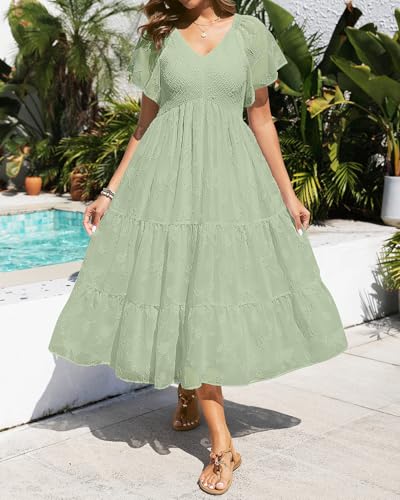 Image of Pinup Fashion Maternity Summer Dress Baby Shower Easter Pregnancy A-Line | Smocked V-neck, flutter sleeves, breathable floral fabric, bump friendly, perfect for photoshoot, spring casual,postpartum