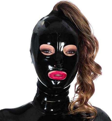 Yilen Máscara de látex con capucha de goma, máscara de cara completa con ojos abiertos con una cola de caballo con agujeros, máscara de látex
