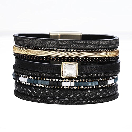 La Cabina Femme Bracelet Bijou Fantaisie Mode Bracelet de Poignet en Cuir & Strass Weave Bangle Multi-coloré et Multilayer