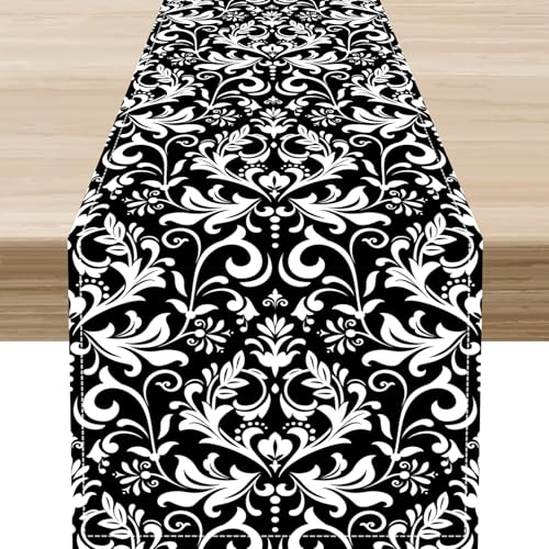 Black Damask Table Runner, Rustic Vintage Floral Antique Victorian Style