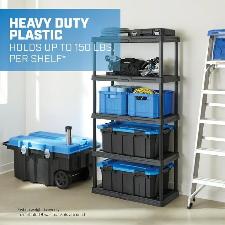 5-Tier Shelving Unit - Black Heavy Duty Plastic Shelf, for Garage, Pantry, Office - Easy Assembly