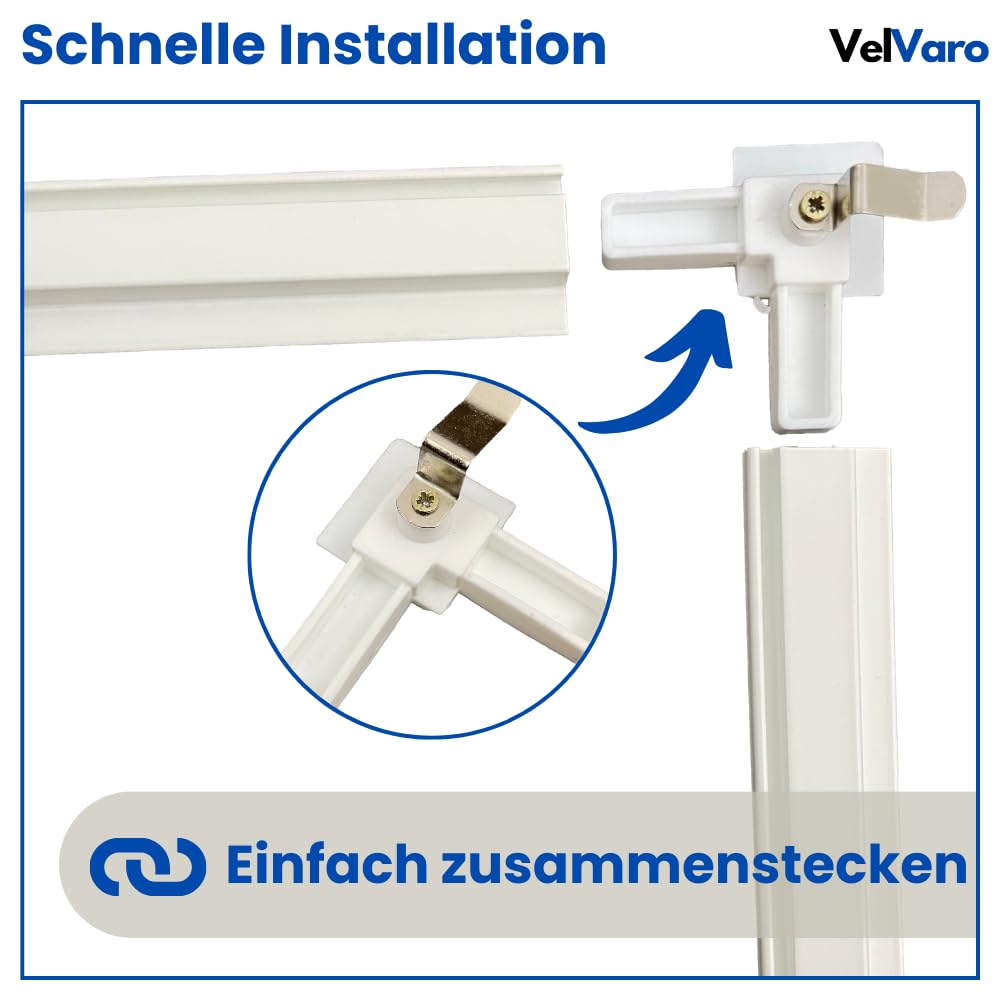 Fliegengitter individuell kürzbarer Selbstbaukasten, zuschneidbarer Spannrahmen, verstellbar, zum Einklicken - VelVaro Insektenschutzgitter Alurahmen Weiß 100x130 cm ohne Bohren