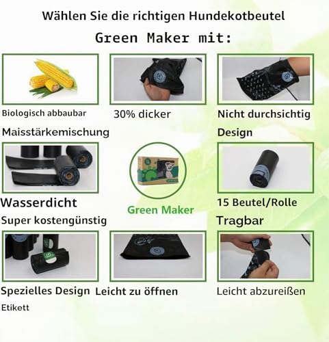 Green Maker 30% Dicker Biologisch abbaubare Hundekotbeutel 360 Beutel Hundekotbeutel aus Maisstärke (Grün) – Ansicht 3