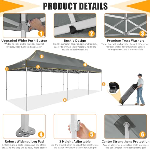 Image of HOTEEL 10x30 Heavy Duty Pop Up Canopy Tent, Commercial Instant Canopy for Party Wedding Event, Waterproof UV 50+ Windproof Outdoor Tent, Upgraded Thick Hexagonal Legs Canopy with Wheeled Bag, Gray