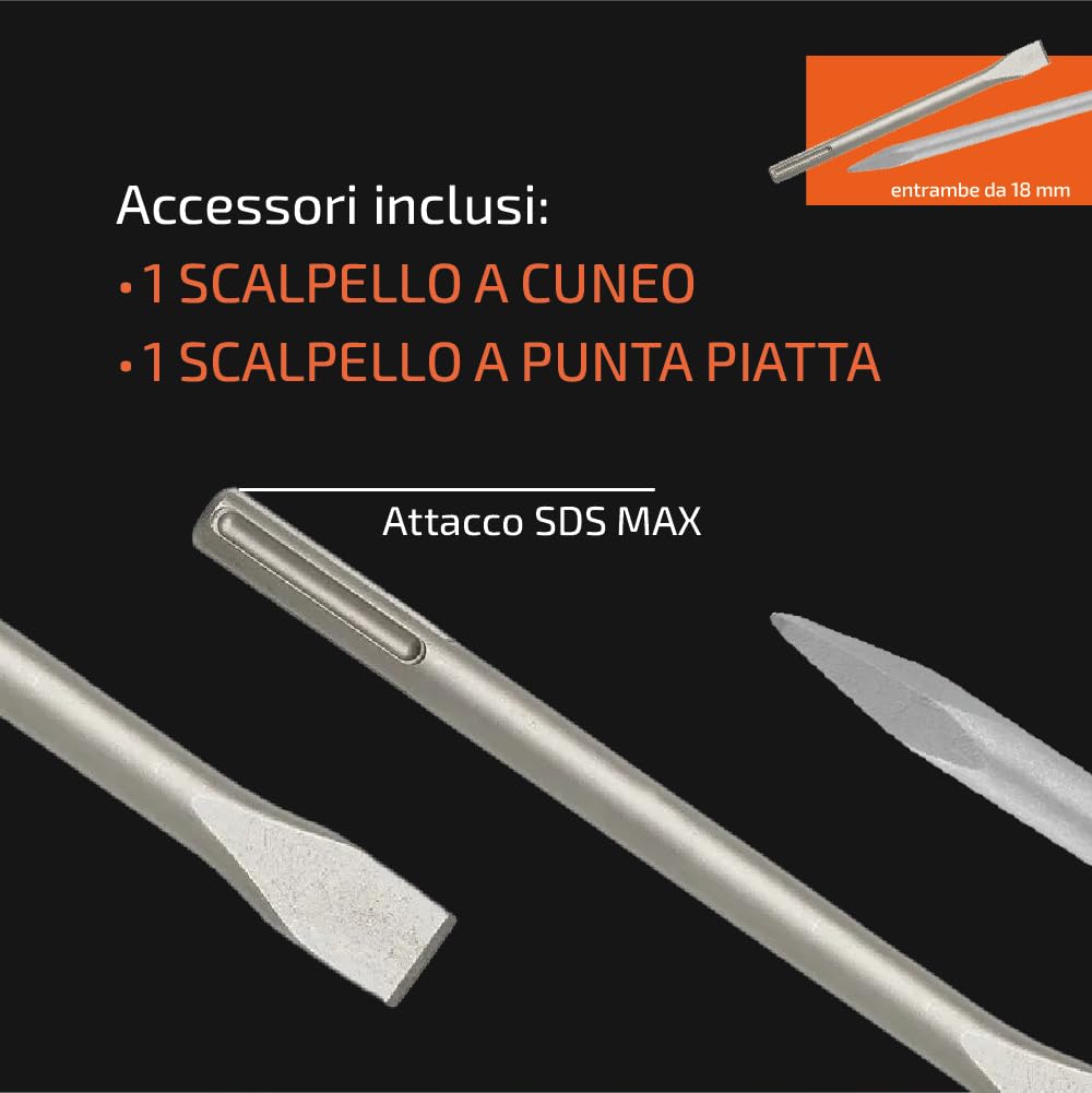 Martello Demolitore Professionale -1300W con 3 Punte e Scalpello - Martello Per Lavori di Demolizione su Cemento e Muratura - Demolitore Elettrico ad alta potenza e Manico Antivibrazione