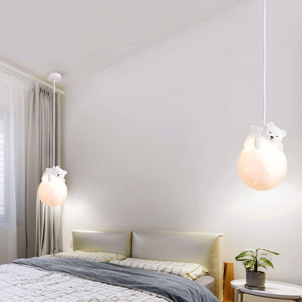 Lámpara Colgante Luz Impresión 3D Luna Globo Dibujos Animados Conejo Dormido Oso Planeta Suspensión Niños Dormitorio 3 Luces Niño Niñas Noche Hierro Metálico Blanco