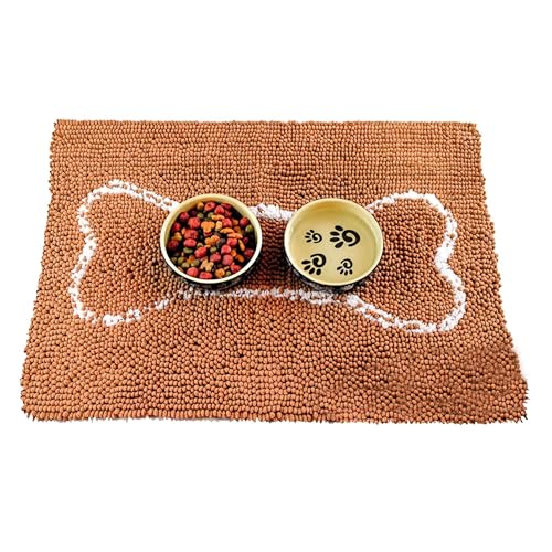 Soggy Doggy Slopmat Dog Food Mat – Absorbent Microfiber Chenille Pet Feeding Mat for Food & Water Bowls, Muddy Paws Small Doormat, Non-Slip, Machine Washable Rug – Caramel/Oatmeal Bone, 18” x 24”